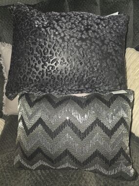 Decorative Black Chevron and Faux Fur Accent Pillow Set